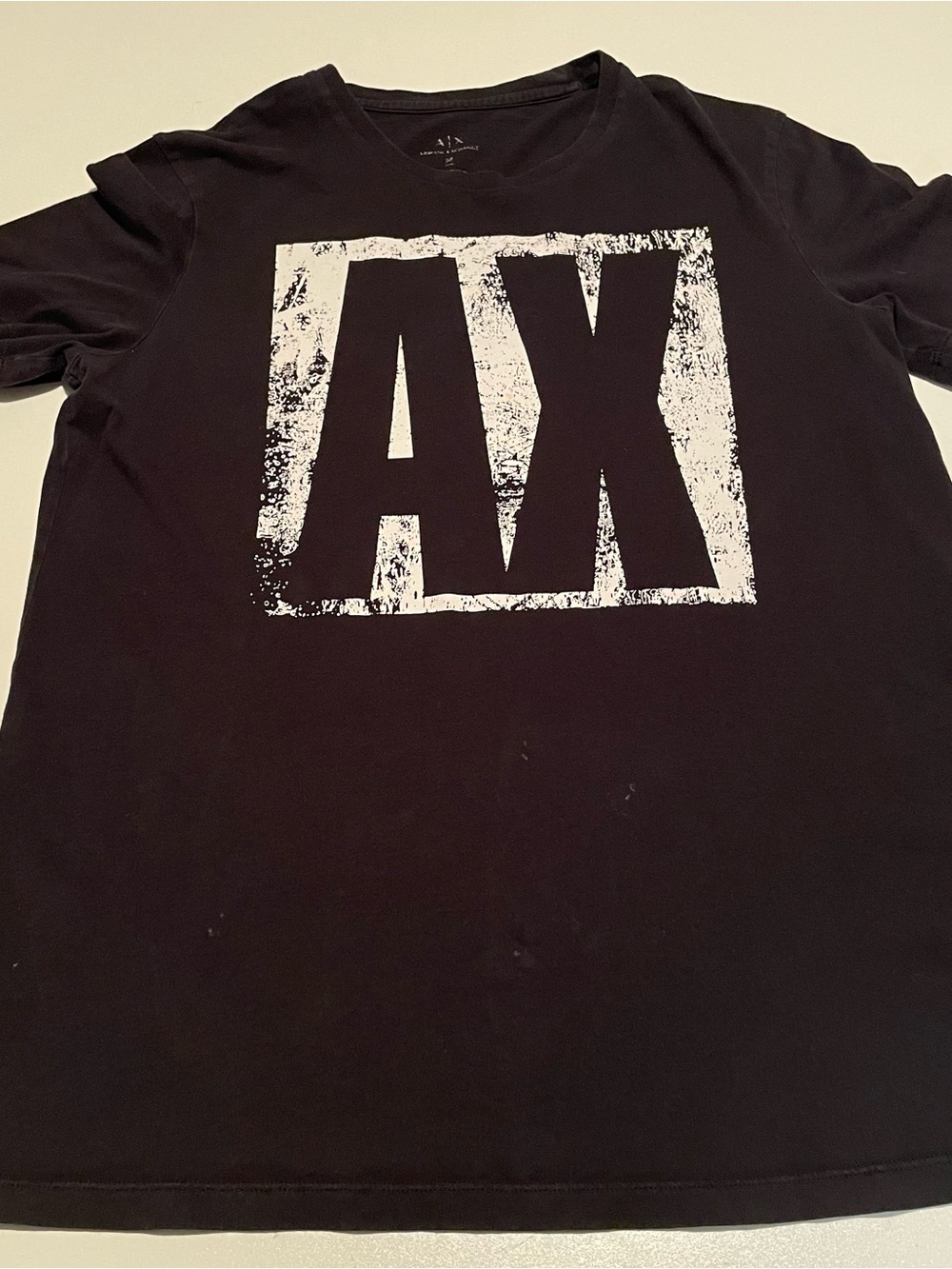 Armani Exchange Black Tee with Distressed White AX Graphic